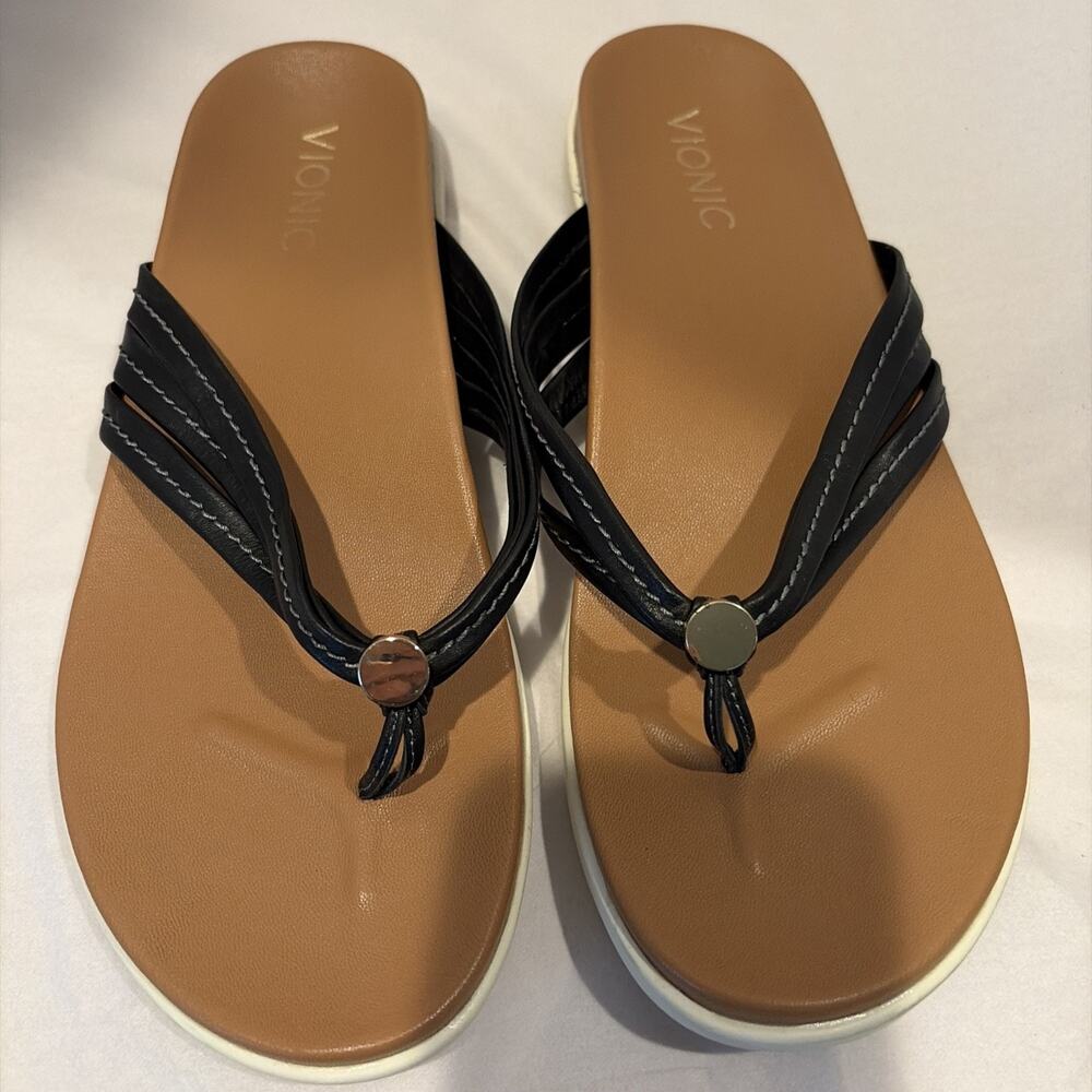 Vionic Catalina Black Leather Thong Sandals Women's 8.5 M - worn once